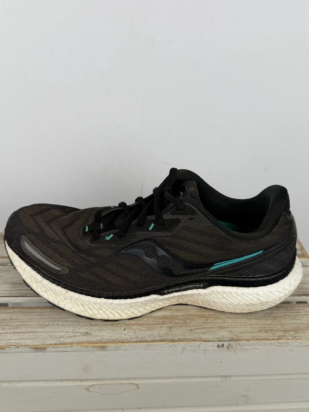 Saucony Triumph 19 running shoes in black an white with subtle teal accents 10.5